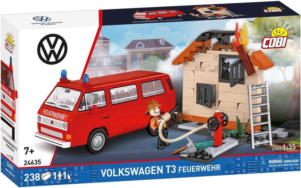 COBI Volkswagen T3 Feuerwehrwagen, Maßstab 1:35, 238 Teile | Bedruckt (Pad Printed), Volkswagen-Lizenz, Feuerwehrwagen, Feuerwehrmann- und Katzenfigur, Hausdiorama, Made in EU, ab 7+ - Bild 9