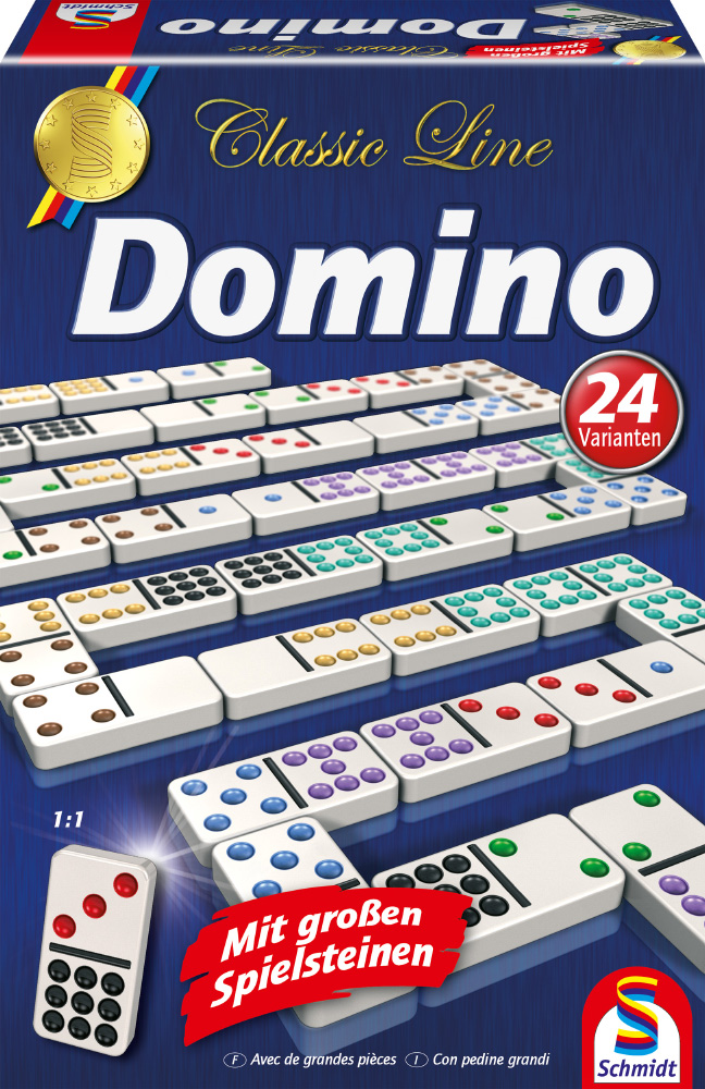 mit extra großen Spielfiguren Familienspiel Schmidt Spiele Classic Line Domino 