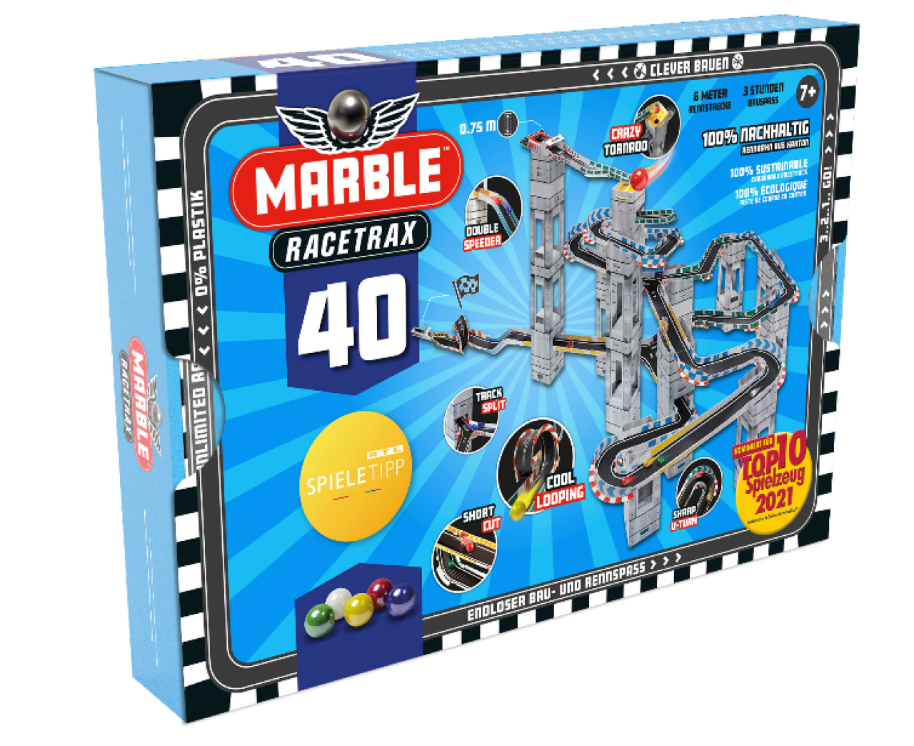 Marble Racetrax Murmel Rennbahn Circuit Set 6 Meter Rennstrecke 40 Bögen 